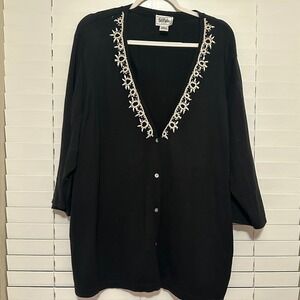 Bob Mackie Studio Womens 3X Black Beaded V-Neck Cardigan Knit Sweater 3/4 Sleeve